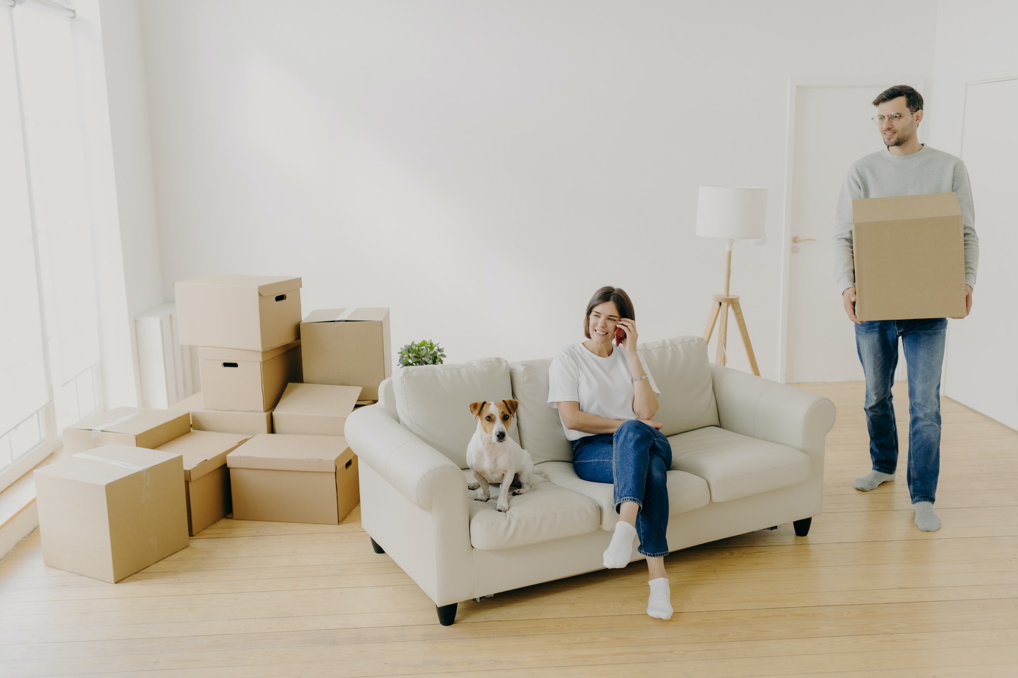Loving spouses pose in rented apartment, woman relaxes on couch with pet